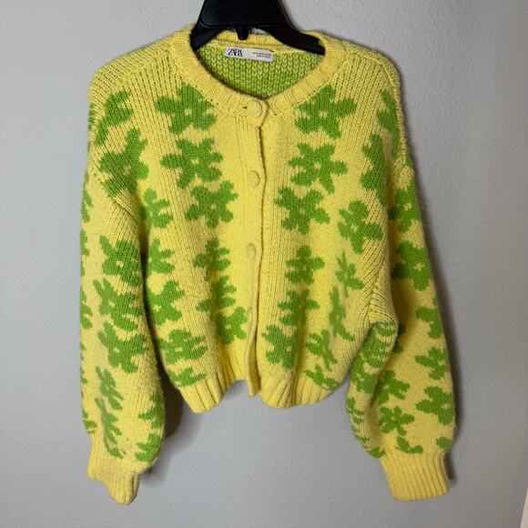 Zara Women's Yellow Green Floral Retro Pop Flower Chunky Knit Sweater - Picture 2 of 7